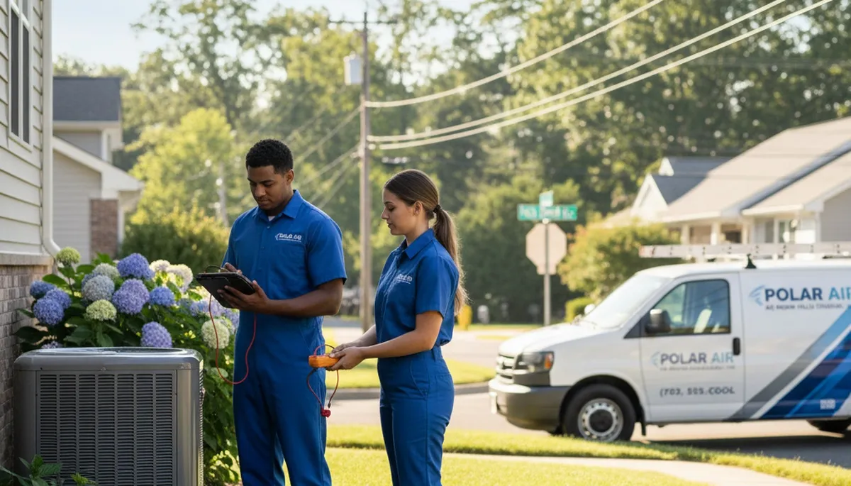 Professional AC repair technician servicing cooling unit in Alexandria VA home