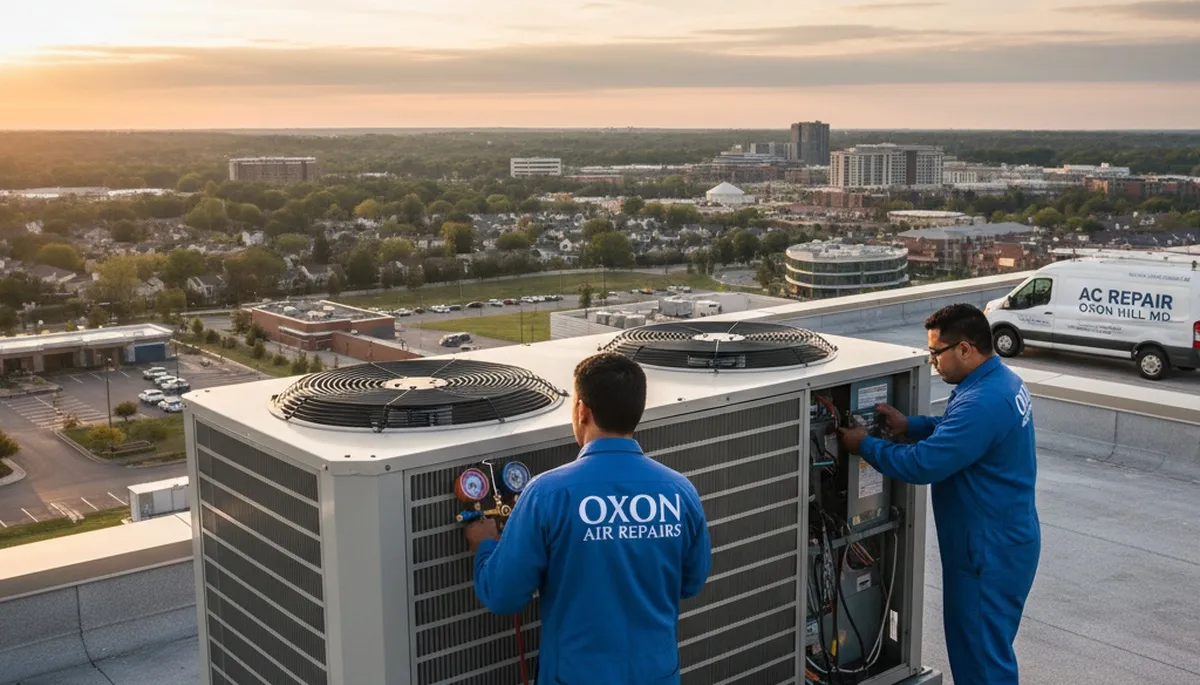 Professional AC repair technician servicing air conditioner unit in Alexandria, VA home