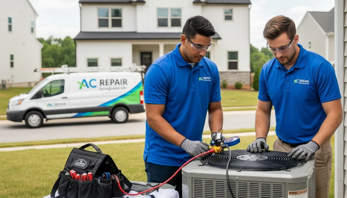 Professional AC repair technician servicing air conditioner in Alexandria VA home