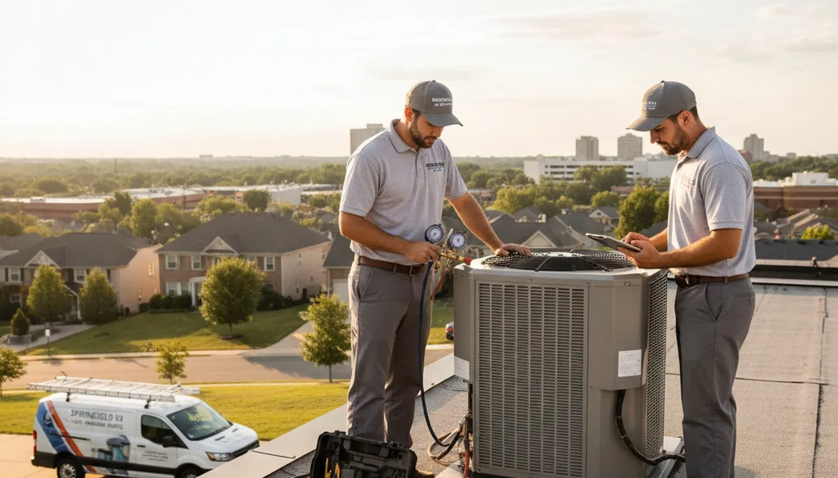 Professional AC repair technician servicing air conditioner in Alexandria VA home