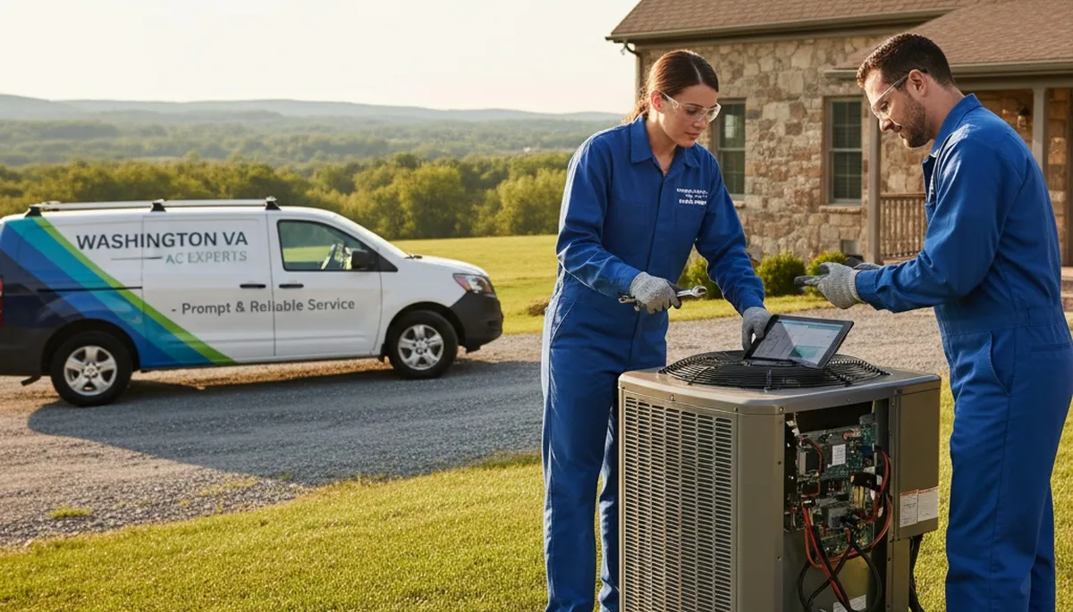 Professional AC repair technician servicing air conditioner in Alexandria VA home