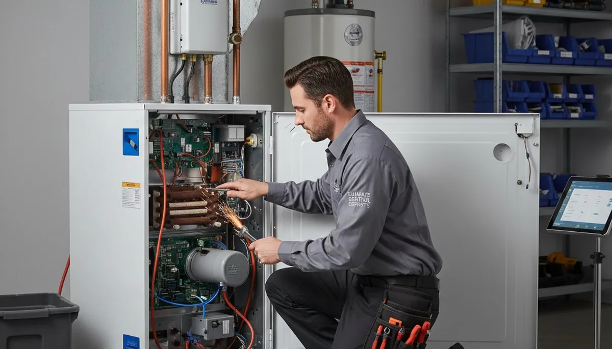 Technician performing furnace repair in Alexandria, VA for Five Star Cooling heating service