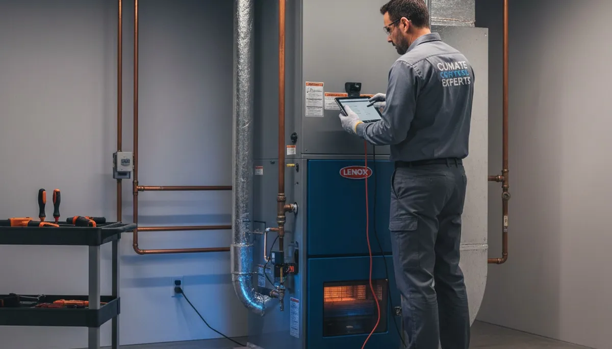 Technician performing heating repair service in Alexandria VA home for Five Star Cooling