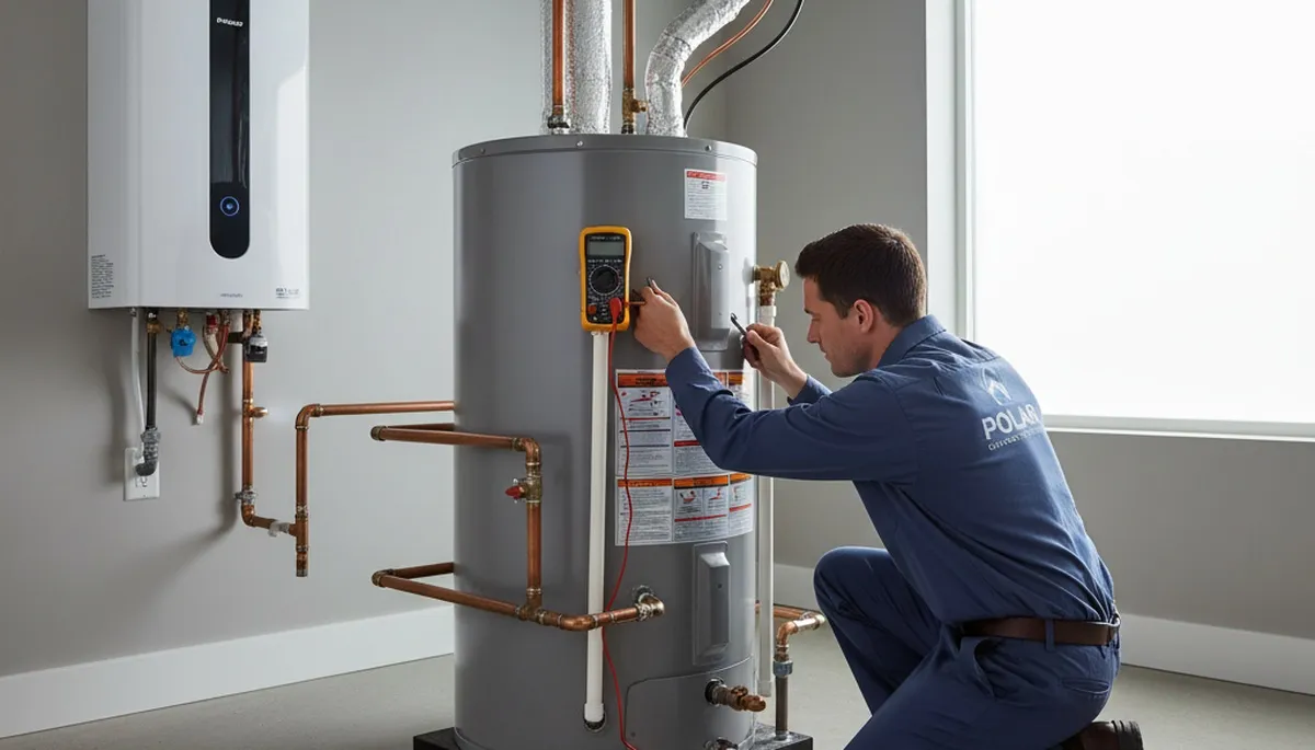 Technician performing water heater repair in Alexandria, VA for residential AC and heating service