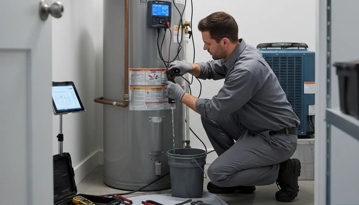 Technician performing water heater repair in Alexandria VA for Five Star Cooling homeowners